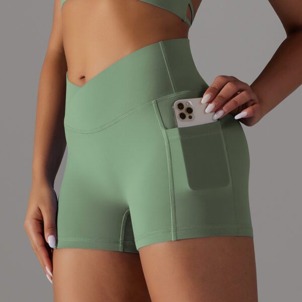 Double Sided Nylon Brushed Cross V Waist Pocket Fitness Yoga Shorts Running Sports Three Point Pants for Women - Image 4